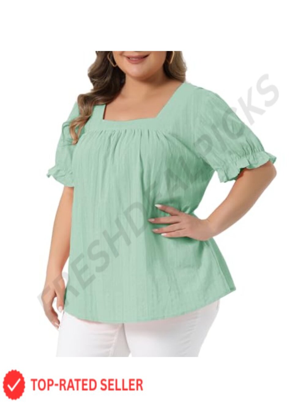 Plus Size Cotton Square Neck Peasant Blouse with Ruffle Sleeves